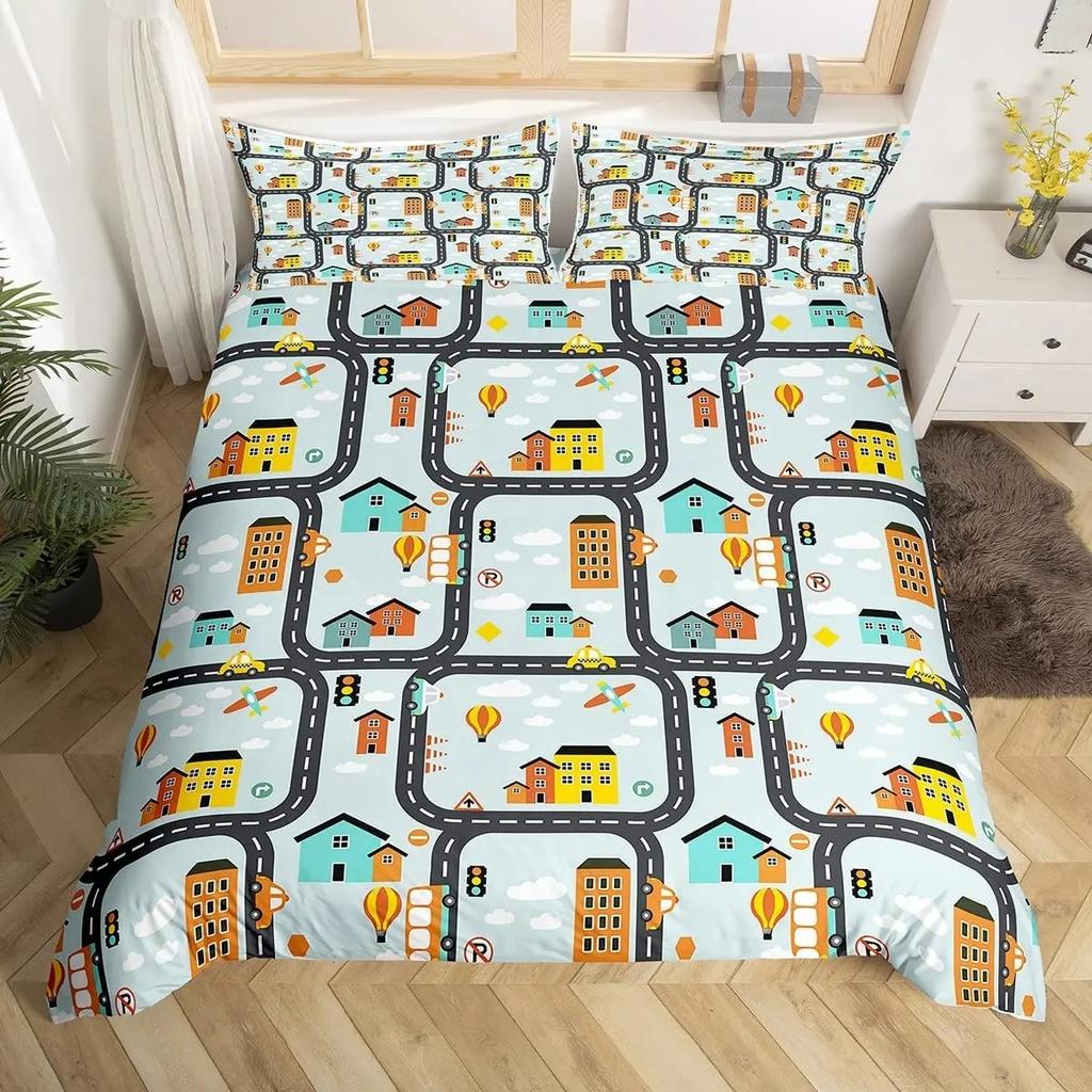 Kids Cartoon Car Duvet Cover Set City Building Street Road Bedding Set Microfiber Vehicle Truck Comforter Cover Twin Queen Size