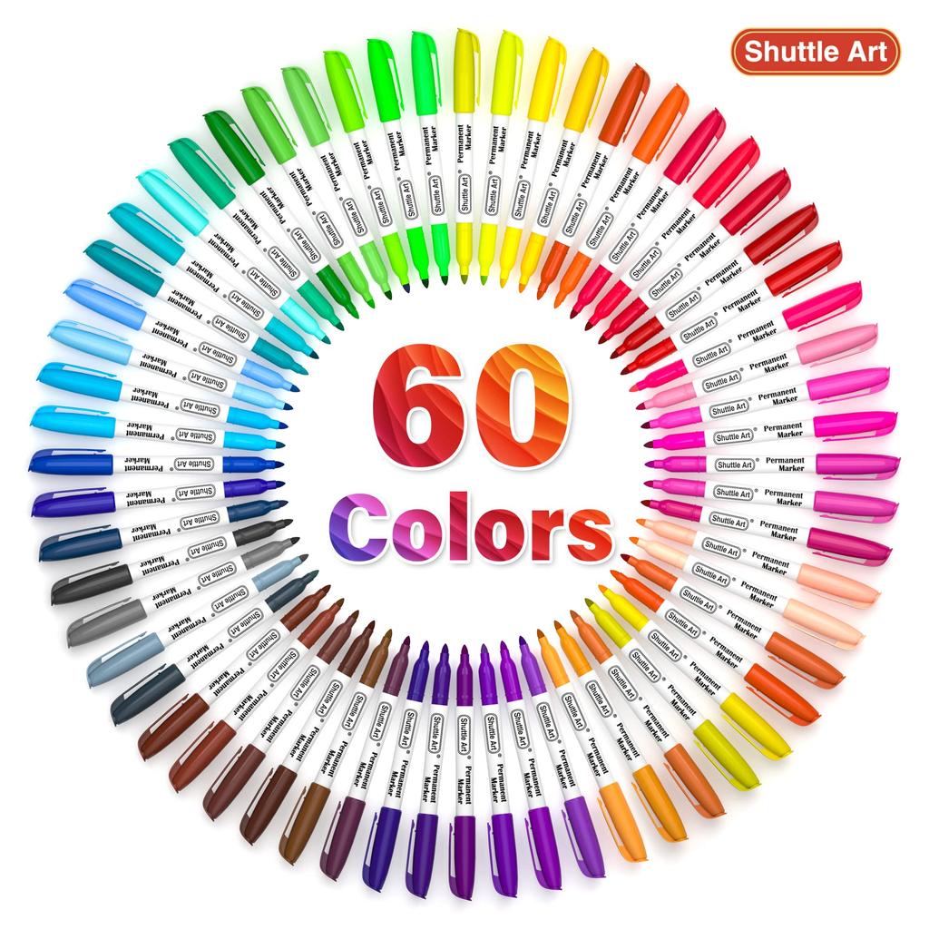 Shuttle Art Permanent Color Marker Fine 60 Quick Water for Coloring Writing and Notebooks Markers, Pens, Set, Point, Colors, Drying, Resistant, Kids,