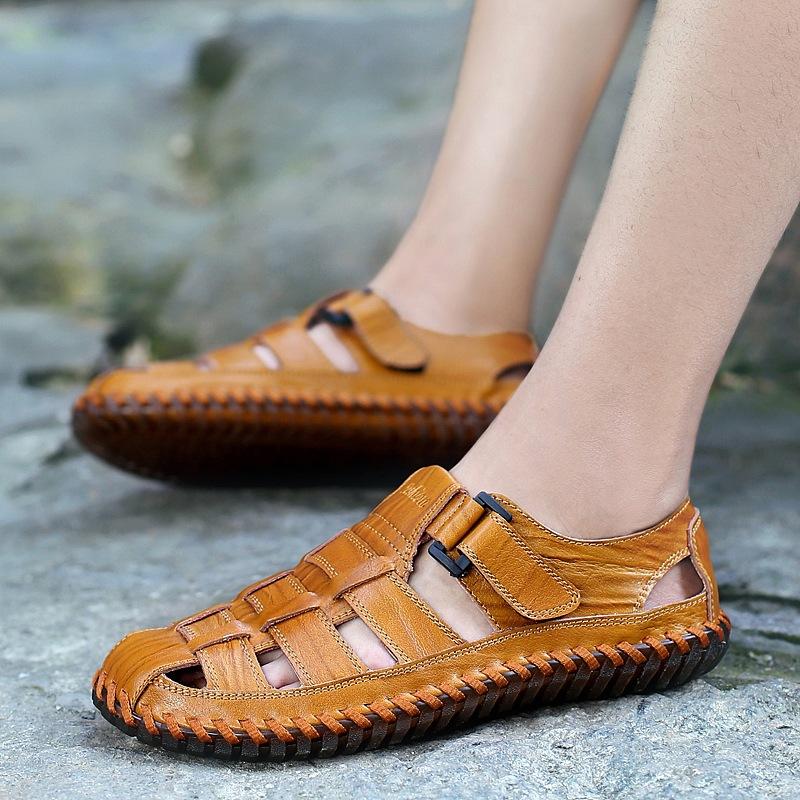 Summer Men's Sandals Breathable Outdoor Sandals Hollow Genuine Leather Toe-cap Casual High Quality Shoes Cowhide Men's Sandals