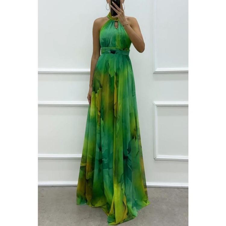 Women Lace Dresses Sleeveless Printed Round Neck Big Swinging Collar