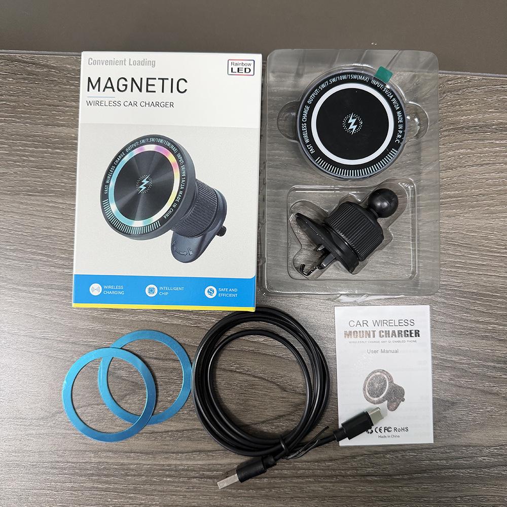 15W RGB Magnetic Car Wireless Charger & Phone Holder: Fast Charging with Colorful Atmosphere Light