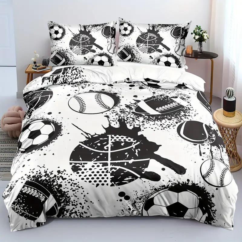 Basketball Comforter Cover Queen Size Sport Dunk Basketball Duvet Covers For Kids Teens, Black Ball Print Bedding Set All Season