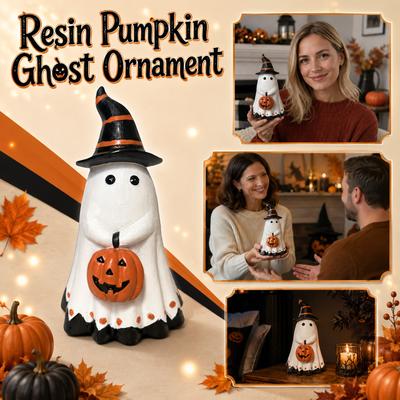 Resin Halloween Ghost Figurine with Pumpkin and Witch Hat Home Decoration Seasonal Tabletop Ornament Indoor Outdoor Display