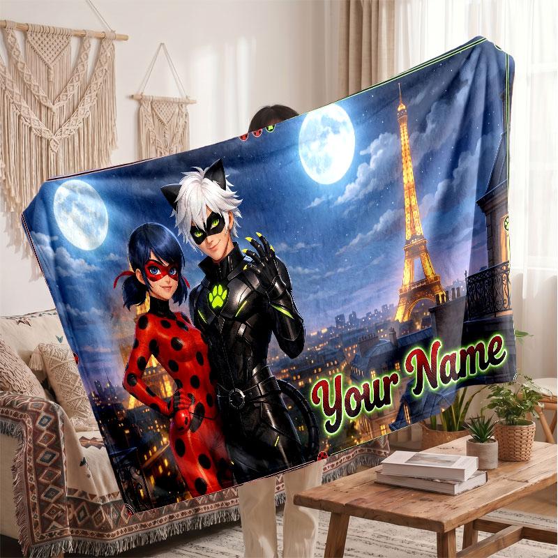 Miraculous Ladybug Personalized Flannel Blanket, Custom Printed Text Name, Warm Soft Blanket For Couch Bed