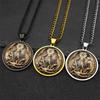Saint Michael Stainless Steel Round Glass Medal Pendant Necklace for Women Men Chain Jewelry Accessory