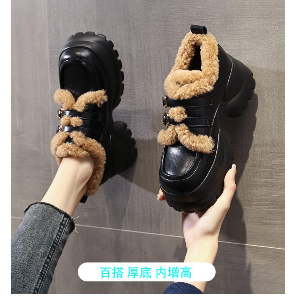 Fashion 8cm Thick-soled Loafers Women's Winter Plus Fleece Warm 2024 New All-match Inner Height-raising Small Leather Shoes