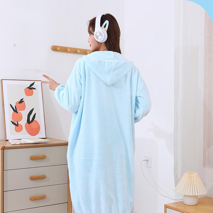 

Весенне-осенние длинные домашние халаты для женщин, можно носить впитывающие банные полотенца, коралловые бархатные утолщенные бытовые банные юбки с длинными рукавами и капюшоном 105x80cm синий