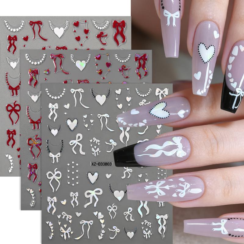 Aurora Francuska Wstążka Serce Naklejki na Paznokcie Perłowy Łańcuszek Miłość Klejące Naklejki na Paznokcie Walentynkowe Kokardki Naklejka do Manicure