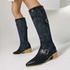 Fashion European American Color Blocked Western Cowboy Boots Women Pointed Spliced Belt Buckle 4.5cm Thick Heel Knee High Boots 35-46