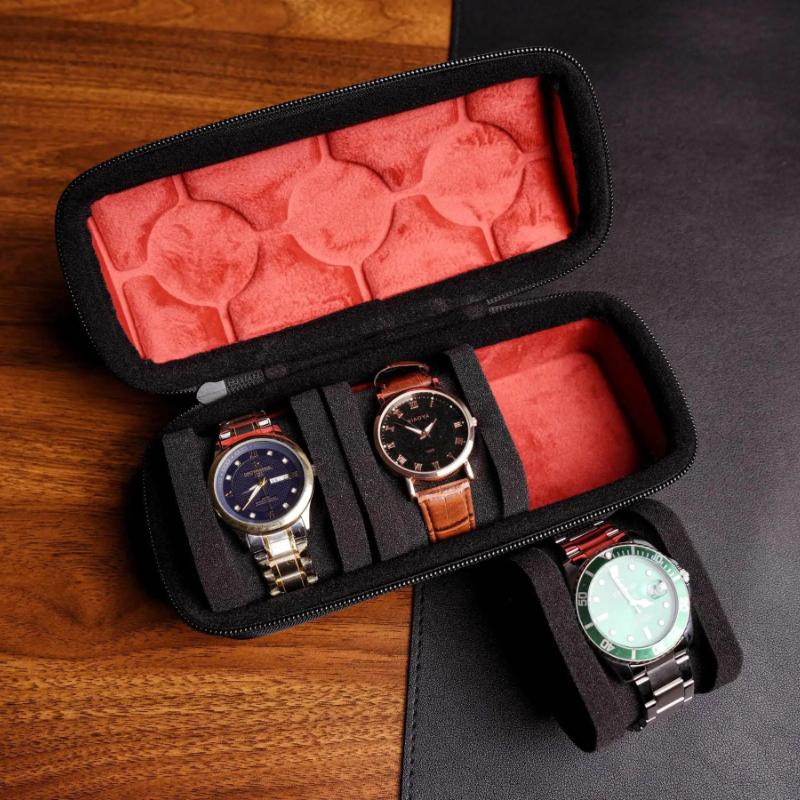 3 Slots Watch Travel Case, Travel Watch Organizer Case with Soft Foam Pillow, Durable Red Microfiber Lining,Sleek Des