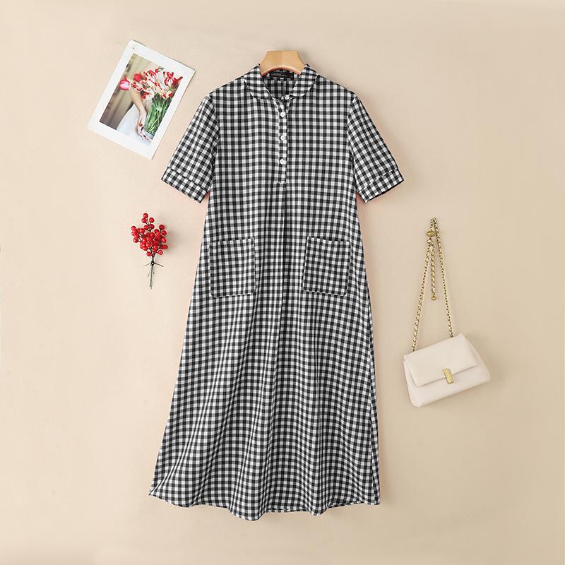 ZANZEA Damen Turn-Down-Kragen Kurzarm Lässiges kariertes Print-Kleid