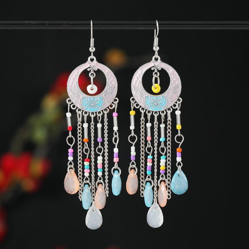 Bohemian long fringed earrings retro medium enamel color beaded niche design earrings women