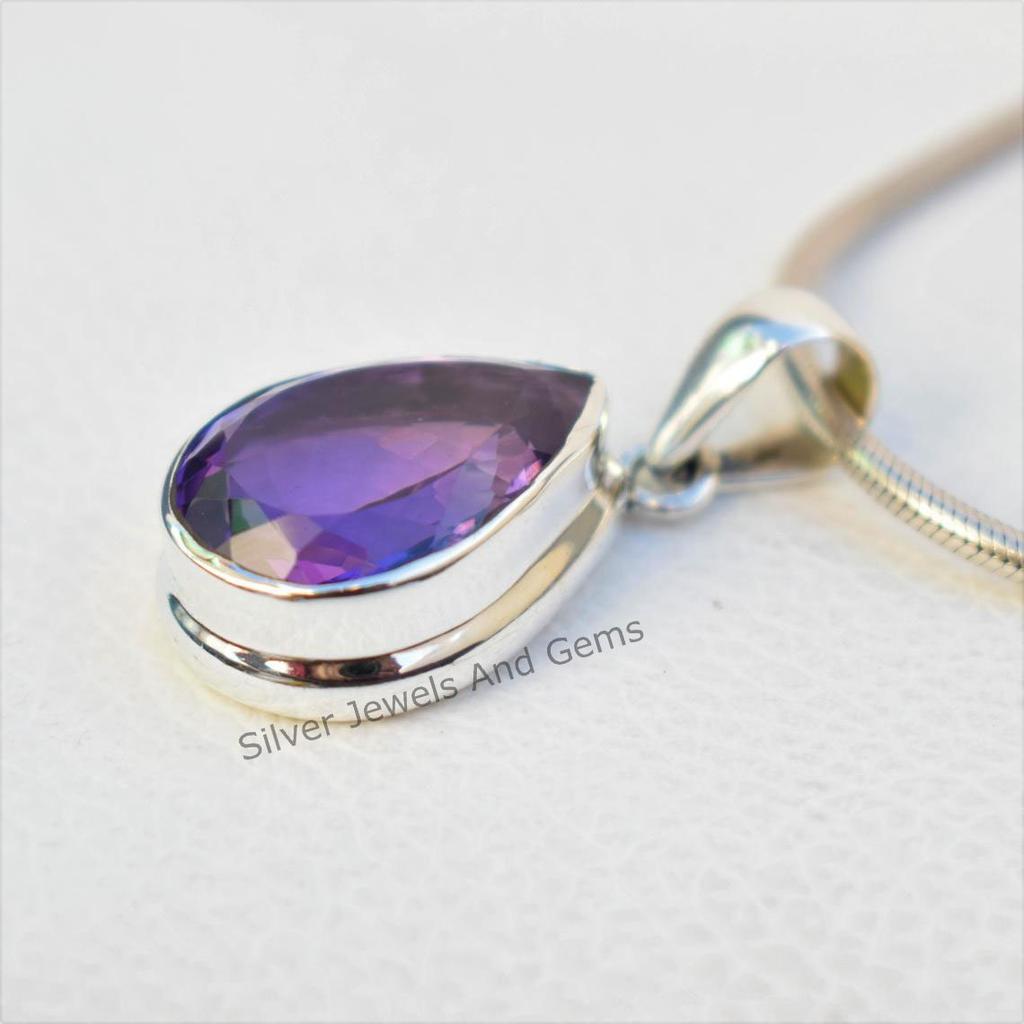 Natural Amethyst Pendant-925 Sterling Silver Handmade Pendant-Teardrop Crystal Pendant-Anniversary Pendant