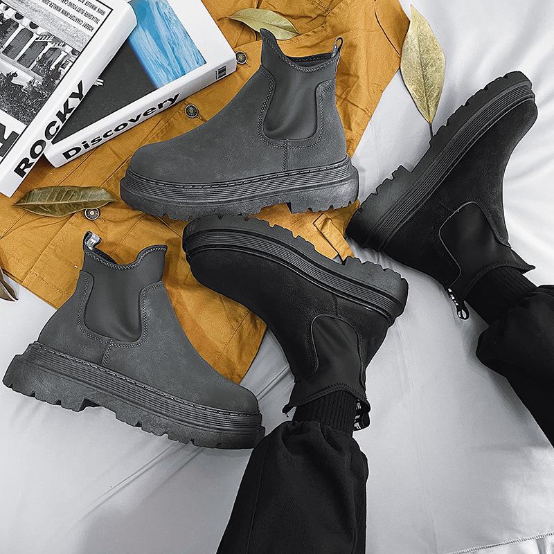 2025 Black Leather Men's High-Top Martin Boots: Trendy British Style Motorcycle Chelsea Boots