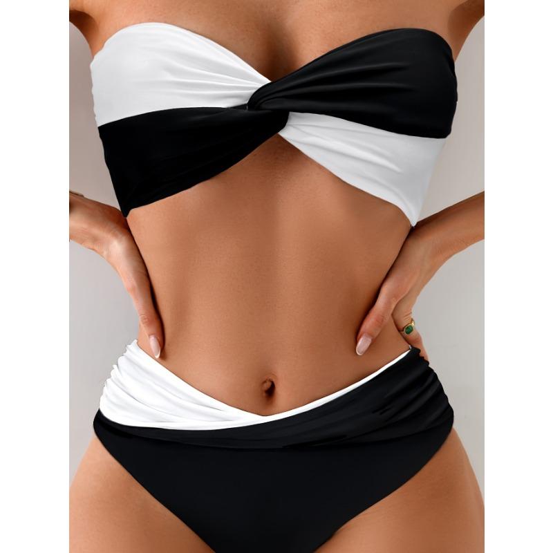 Women's Black And White Twist Front Two-Piece Bikini Swimsuit