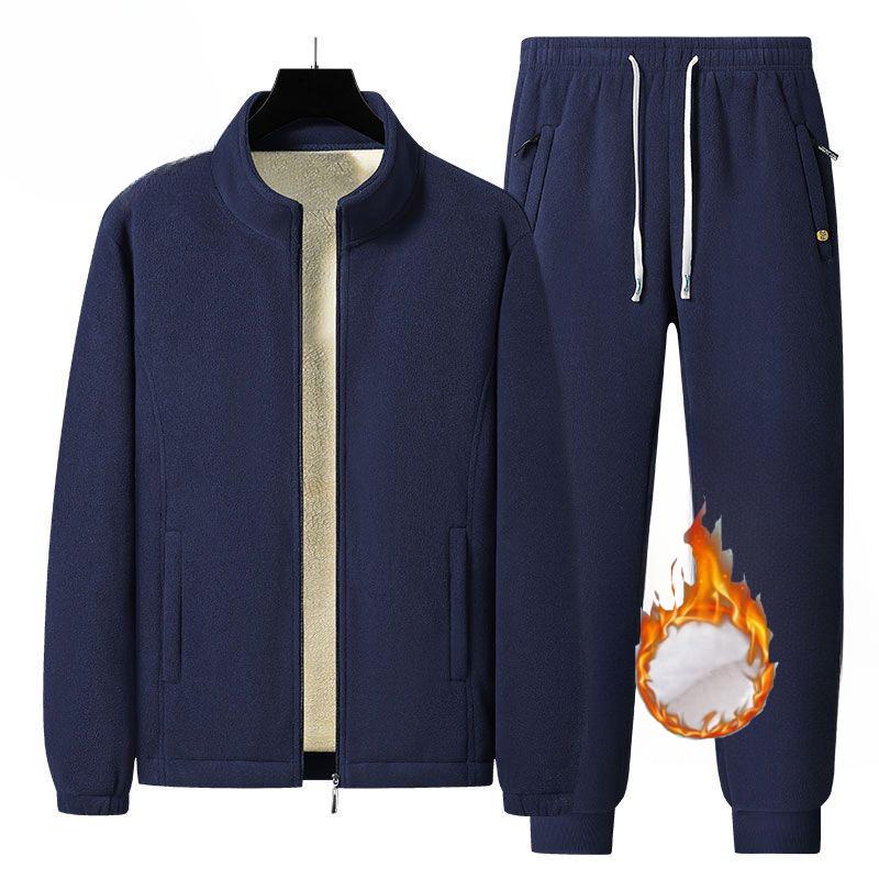 Men's   Winter  2-piece Suit Lamb Fleece Sports Suit  Casual Sweater Plus Velvet Thickening Warm Winter Dad 2-piece Suit