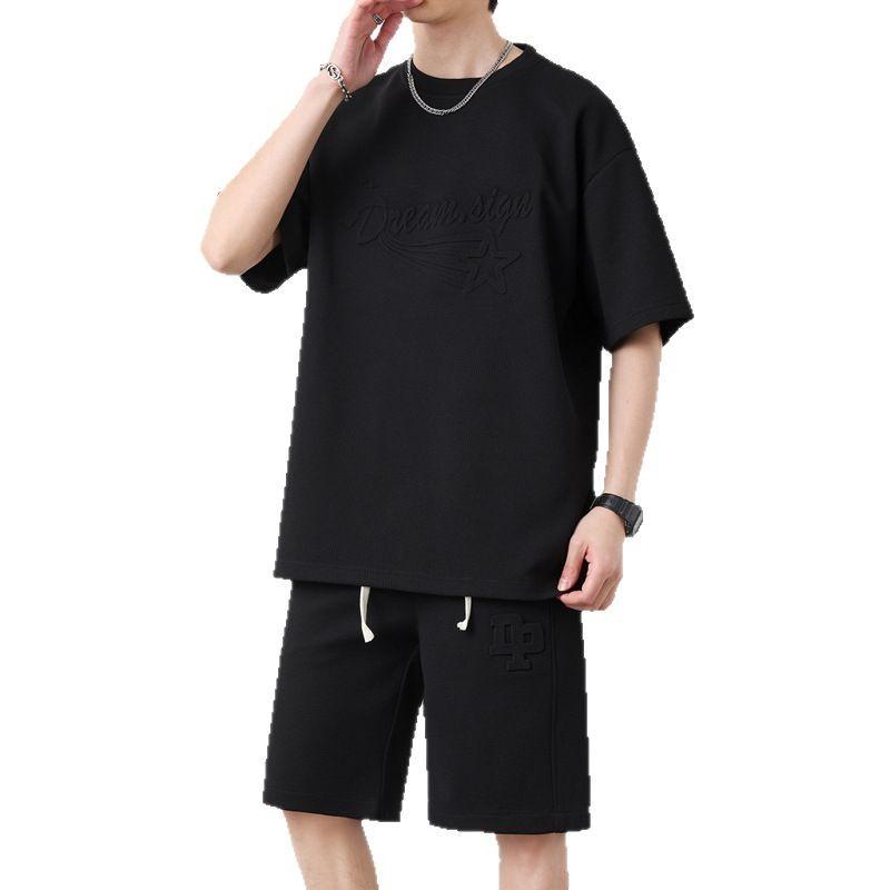 Souprava šortek s kulatým výstřihem Volný ležérní Jednobarevný Pánské tričko s krátkým rukávem Šortky Tenké