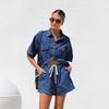 Women's Denim Shirt and Shorts Two Piece Set Short Sleeve Loose Casual Spring Summer Outfit