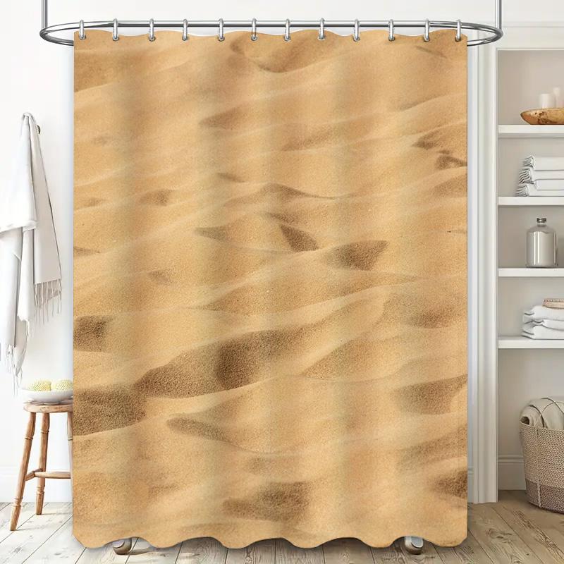 Beige Sand Shower Curtain Bath Rug Decorative Print Waterproof Fabric For Bathroom 72 X 84 Inches With Rings (Set)