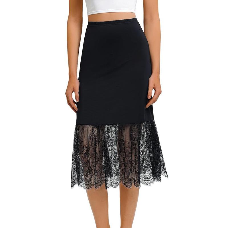 Women Elastic Waist Midi Underskirt Eyelash Lace Hem A‑Line Half Slip Liner Skirt Plus Size