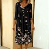 Women's Fashionable Color Printed Round Neck 3/4 Sleeve Button Collar Mid Length Casual Dress