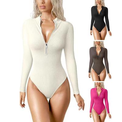 Women Spring Fall Bodysuit Zipper Stand Collar Skinny Elastic Knitted Soft Long Sleeve Solid Color Breathable Ribbed One Piece Lady Playsuit