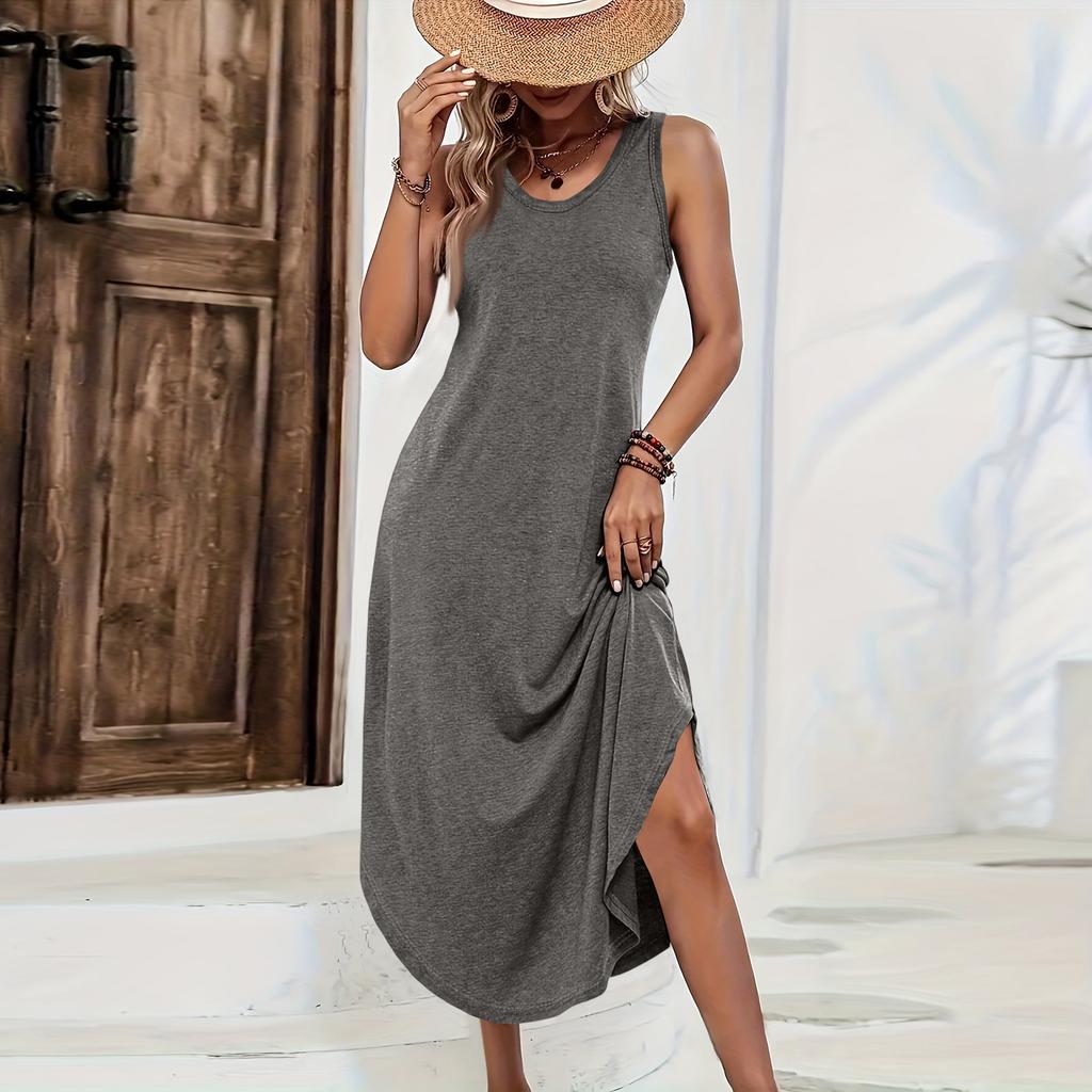 Ärmelloses lässiges Midi-Kleid in einfarbiger Ausführung mit lockerem Schnitt und seitlichem Schlitz, bequemes Sommerkleid für Damen