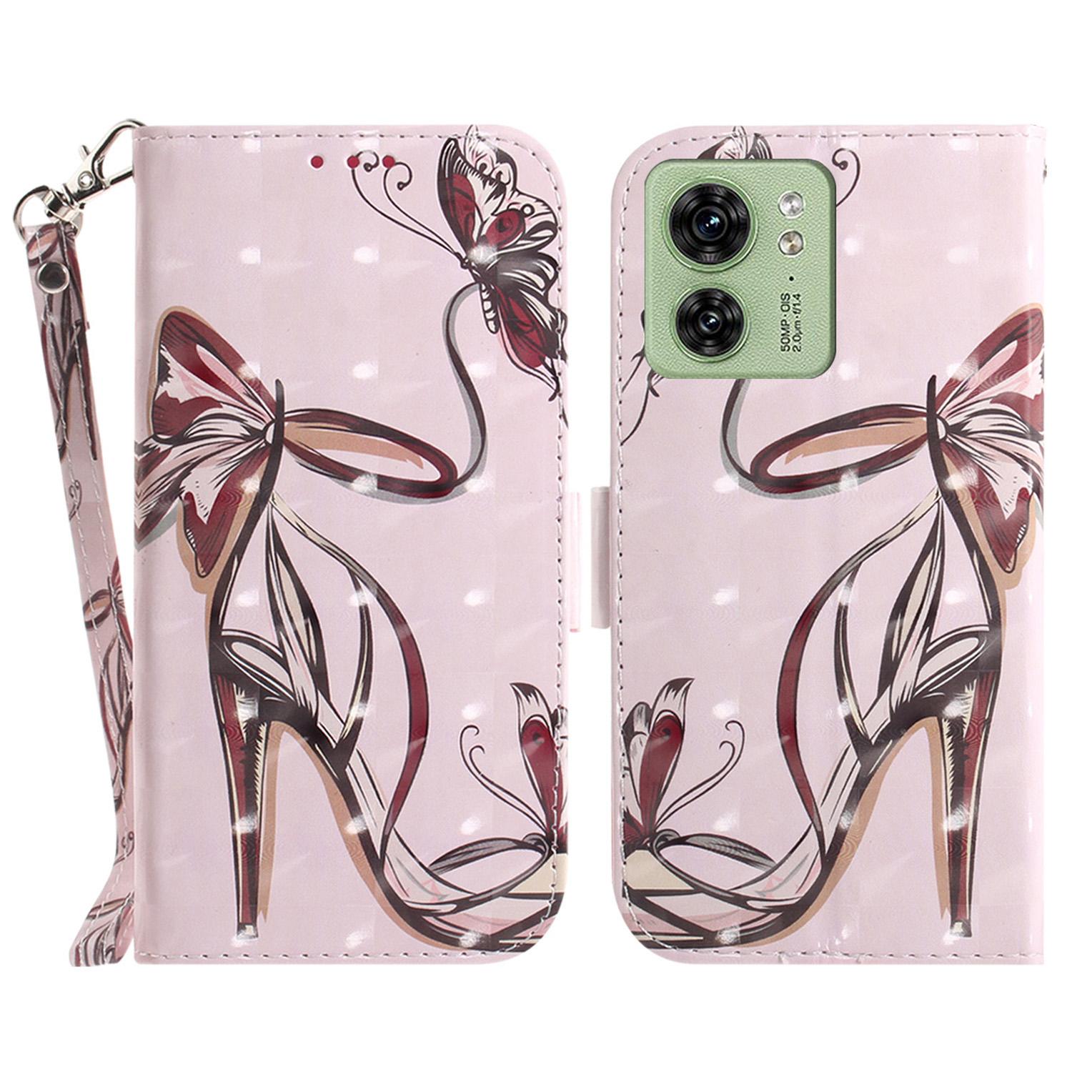 

For Motorola Edge 40 5G Wallet Flip Cover PU Leather Printed 3D Pattern Stand Phone Case with Strap Butterfly High Heels