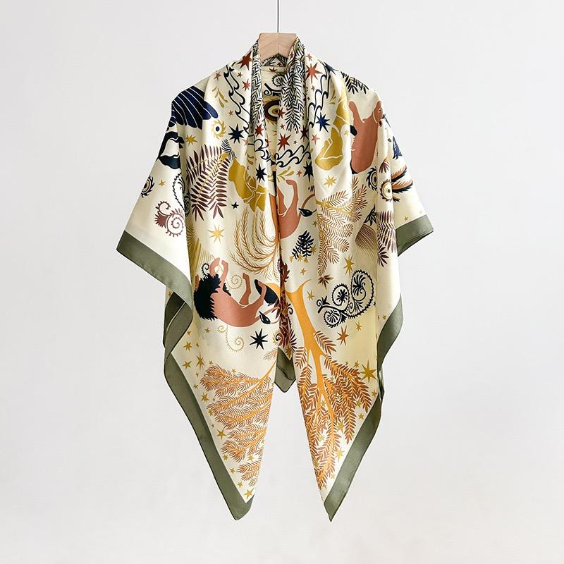 130*130Cm Oversized Animal Floral Printed Square Scarf Soft Thin Smooth Silk Shawl Leisure Style Windproof Sunscreen Head Wrap