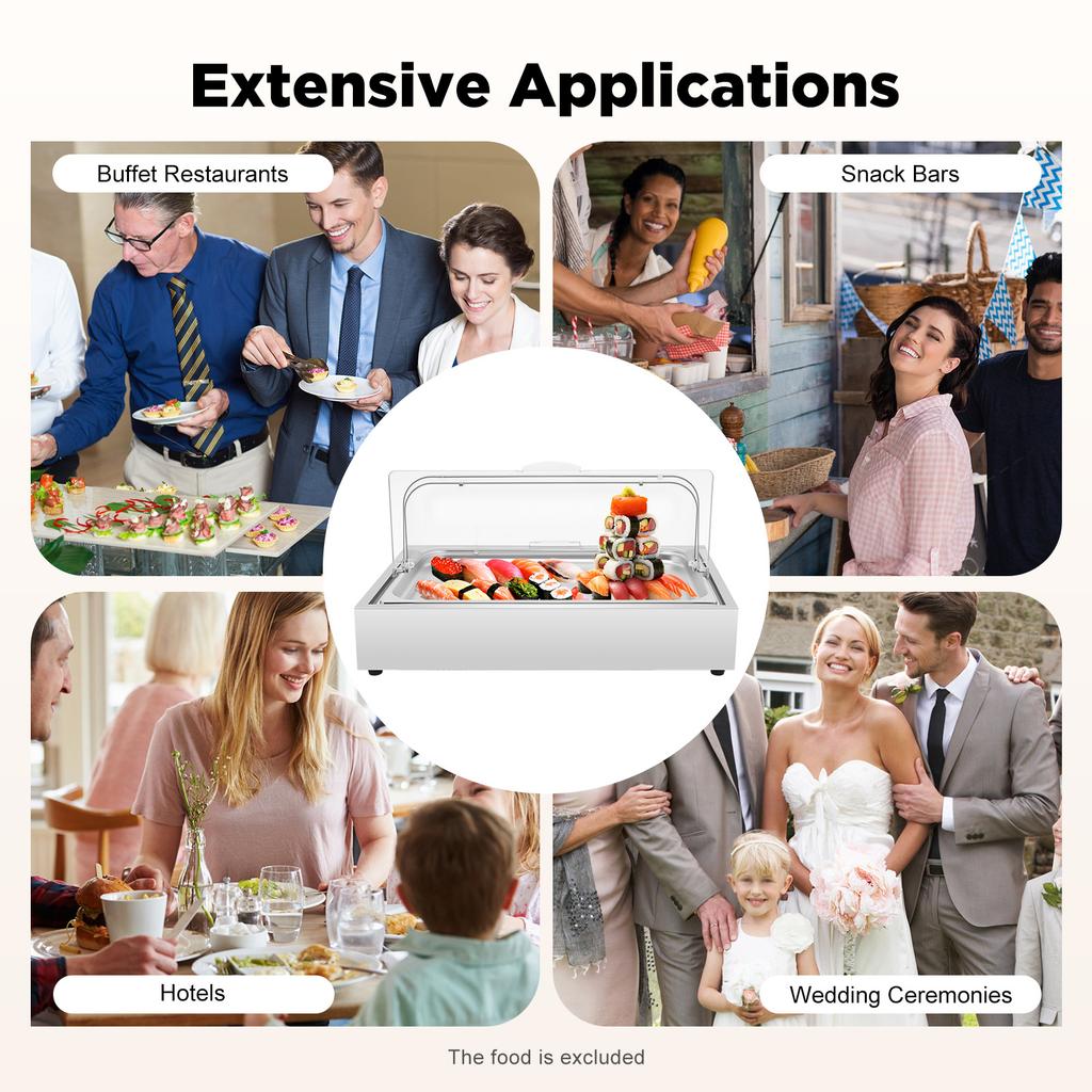 6L Servírovací tác na ledové potraviny s opakovaně použitelným ledovým boxem, Nerezový chladicí bufetový talíř na salát, sushi, mořské plody, párty