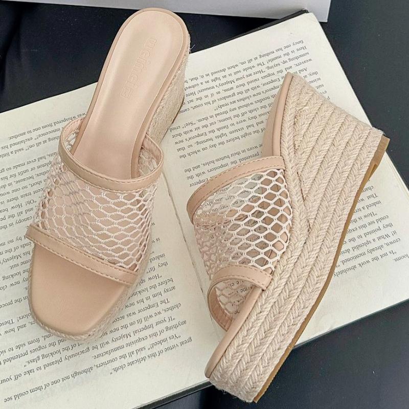 Fashion Square Toe Mesh Woven Design Wedges Slippers Women Summer Fashion Open Toe Slide Sandals Elegant Comfortable Zapatos De Mujer