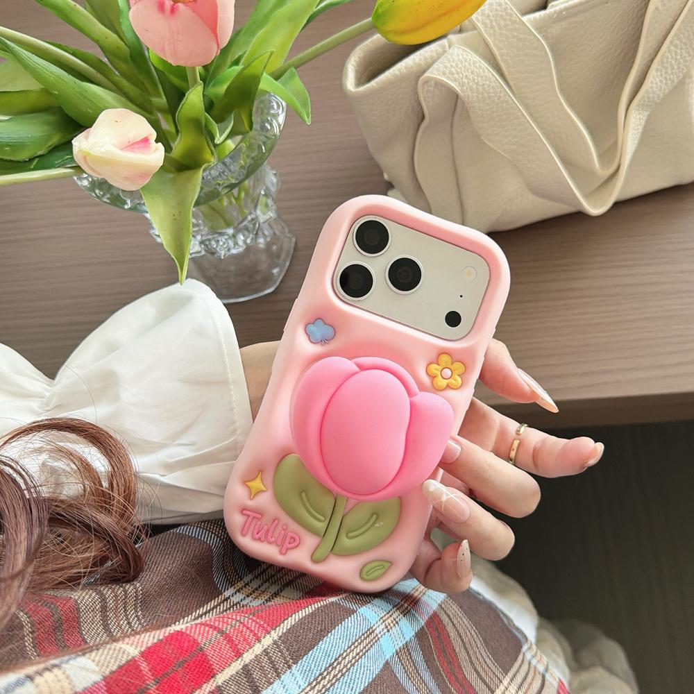 KEYSION Cute Cartoon 3D Tulip Flower Phone Case for iPhone 13 14 15 16 17 Pro Max Soft Silicone KickStand Shockproof Back Cover