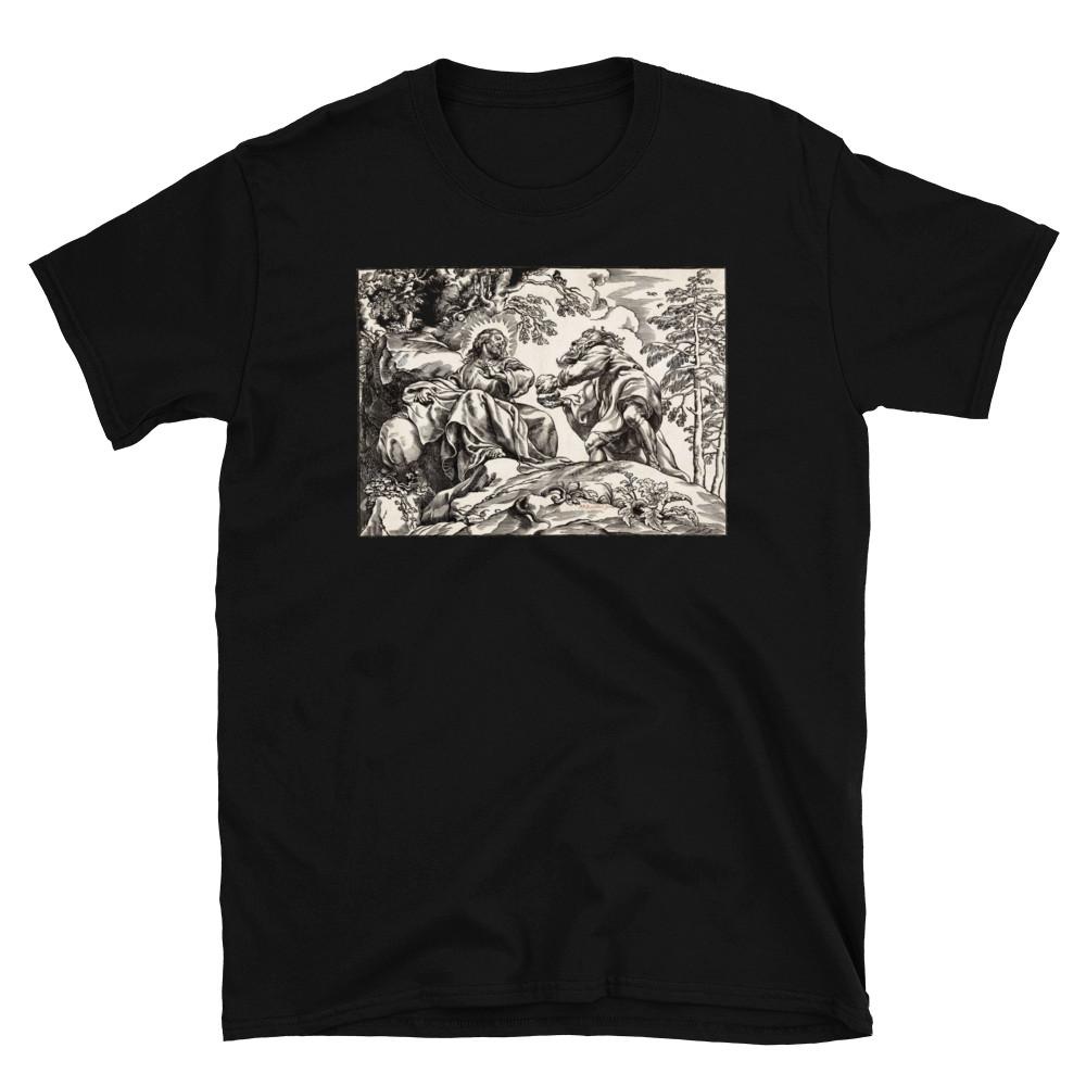 

Temptation of Christ T Shirt Vintage Biblical Engraving Religious Art Tee Unisex T-Shirt XXXL