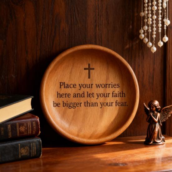 Yousheng Wooden Prayer Bowl Farmhouse Rustic Handcrafted Bible Verses Faith Bowl Round Decorative Scripture Blessing Bowl Religious Christian Gift