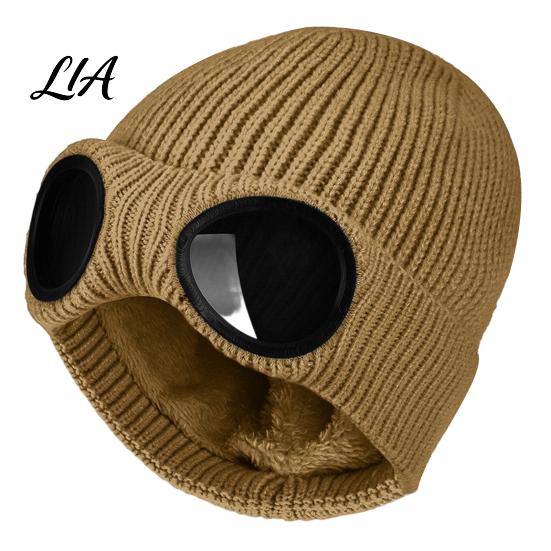 Cold Protection Knit Cap Knitted Hat with Goggles, Unisex Winter Hat, Fleece Lined, Windproof Soft Acrylic Warm Skull for Outdoor Cycling Skiing