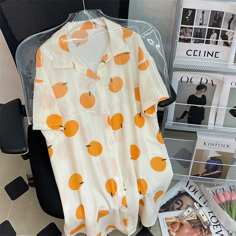 

Japanese orange small lapel collar Xiaohongshu new nightdress summer simple bubble wrinkle loose loungewear 2xl size [recommended 90-100kg ]