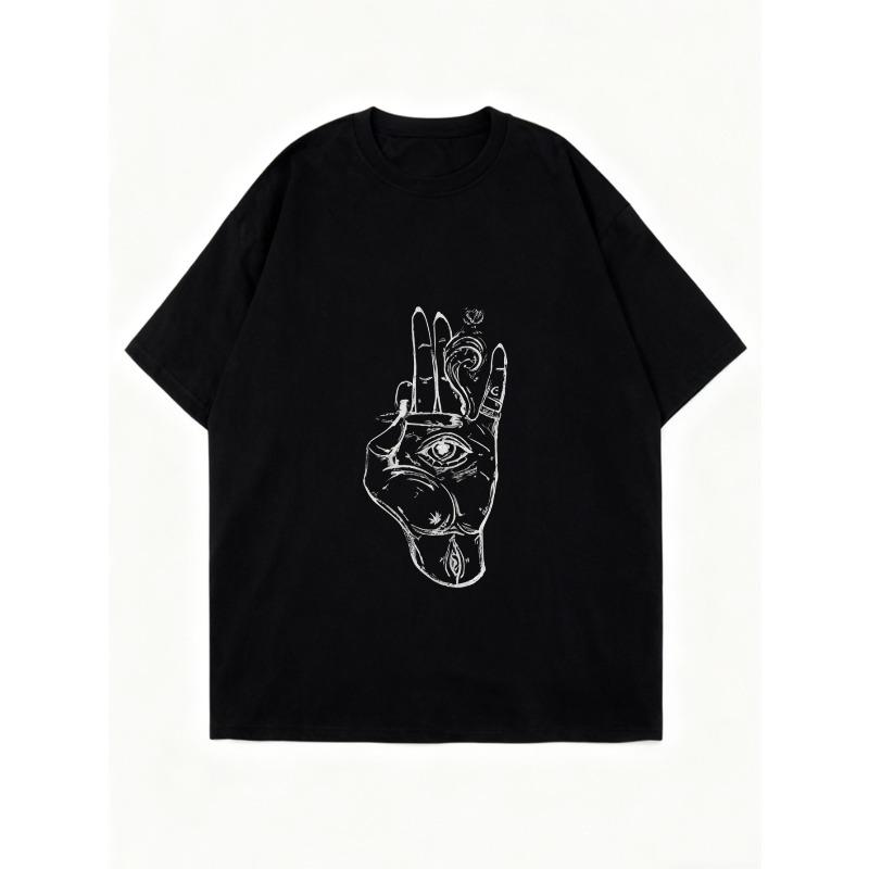 Oversized T Shirt Black Hand Eye Symbol Print Casual Streetwear Fashion Top for Women