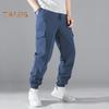 Men Cargo Pants Drawstring Elastic Waist Solid Color Muti Pockets Ankle-banded Loose Sport Trousers Daily Wear Casual Pants
