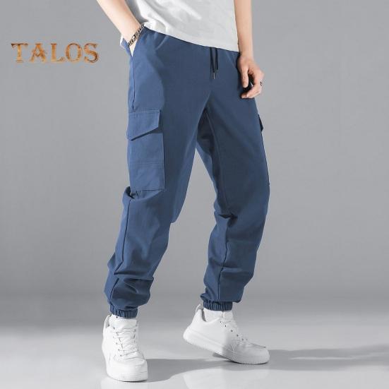 Men Cargo Pants Drawstring Elastic Waist Solid Color Muti Pockets Ankle-banded Loose Sport Trousers Daily Wear Casual Pants