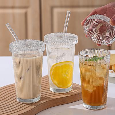 375ml Paskowany Szklany Kubek z Pokrywką i Słomką Przezroczysty Kubek do Zimnych Napojów Kubek do Soku Herbaty Kubki do Mleka Mocha Śniadaniowy Kubek do Kawy