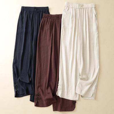 DIMANAF 2026 Summer New Plus Size Women Long Pants Cotton Linen Vintage Loose Elastic Waist Casual Lady Bottoms Solid