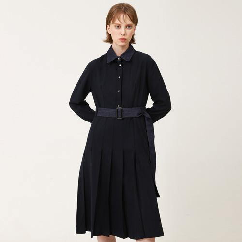 Bunderghost Denim Color Block Pleated Long Dress Navy