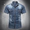 Vintage gewaschene Denim-Hemden für Herren, schmal, lässig, kurzärmelig, Herrenbekleidung, Jeans-Hemd, Sommer-Männerhemd