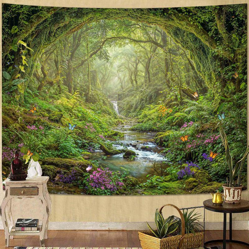 Misty Sunbeam Forest Tapestry Nature Green Tree Landscape Polyester Wall Hanging Aesthetic Bedroom Dorm Living Room Home Decor