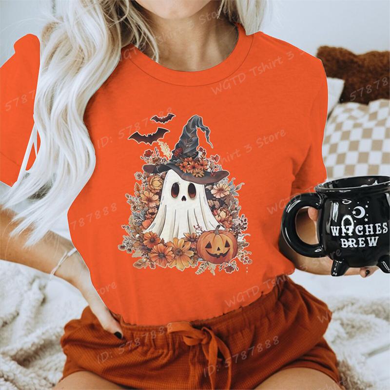 Funny Halloween Skeleton  Pumpkin Letter Print Tshirts Trendy Casual Short Sleeve Crew Neck Tees Tops Womens Clothing
