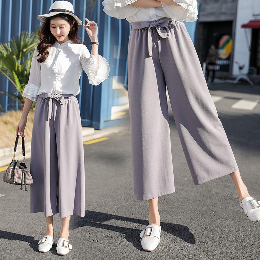Women's Spring Korean Style Wide Leg Pants Loose Chiffon Casual Straight Leg Trousers with Tie Waist and High Waist for Summer