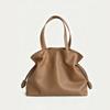 Large Capacity Tote Bag Women Genuine Leather Shoulder Handbag With Drawstring Design Urban Minimalist Style
