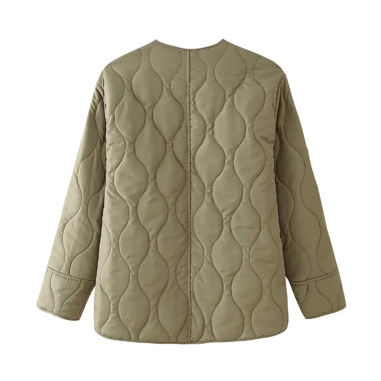 Winter Ladies Fashion Temperament Quilted Thread Decoration Simple Solid Color Round Neck Loose Cotton Long-sleeved Jacket