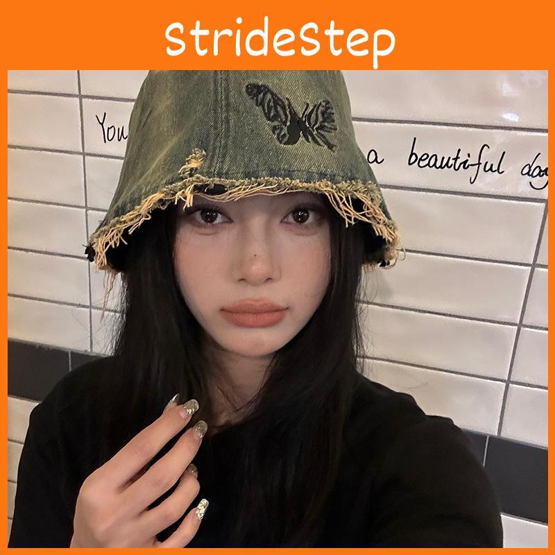 Trendy Retro Embroidery Denim Fisherman Hat For Adults With Chic Butterfly Design