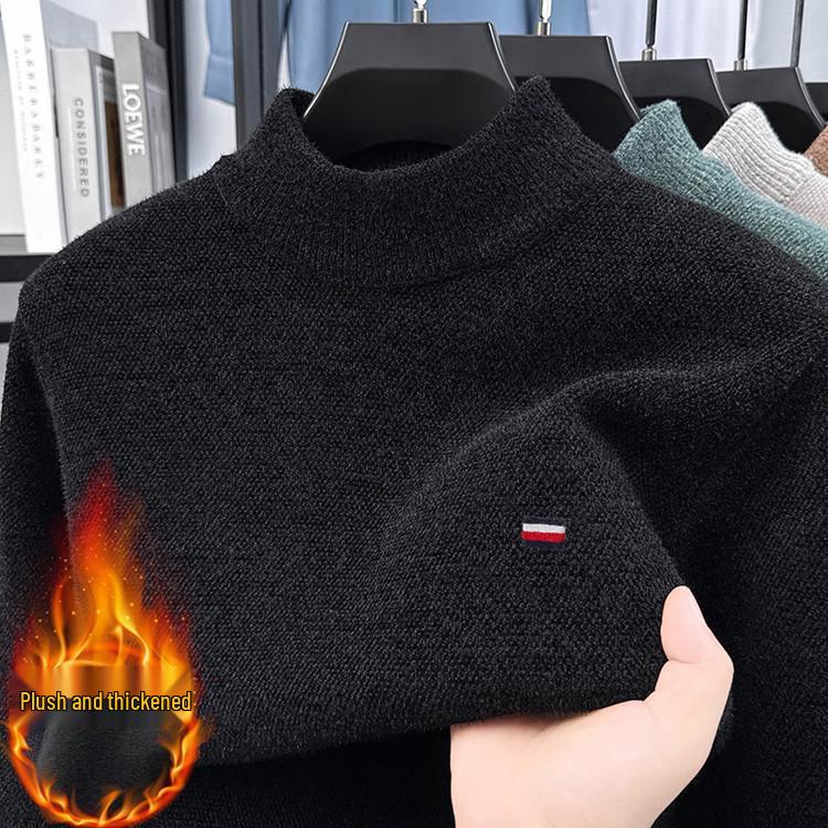 Men's Fleece-Lined Knit Sweater with Half-High Collar and Integrated Fleece Inner Warm Top 